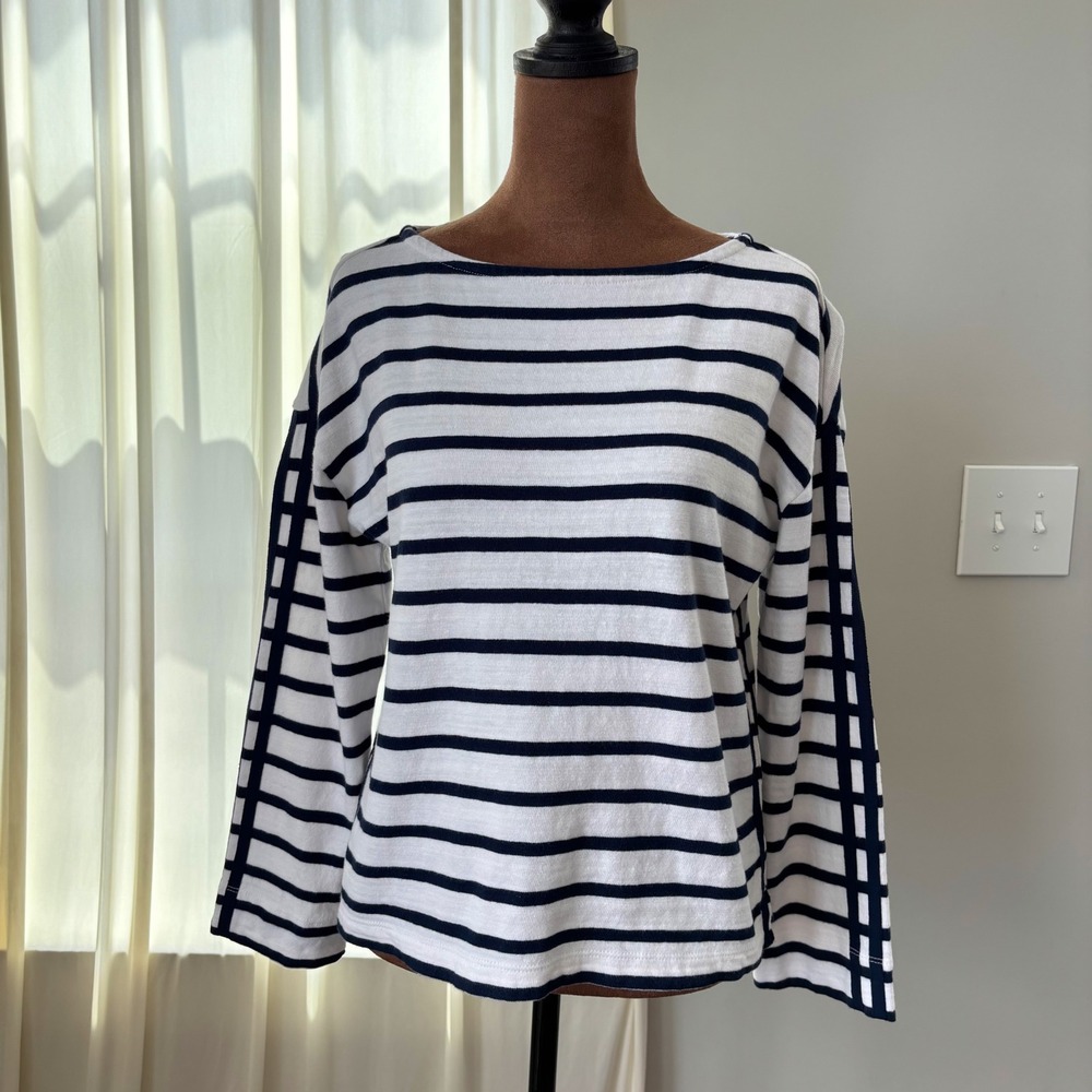 LOFT Nautical Striped Boat Neck Top 3/4 Sleeve Navy White Striped Petite XS